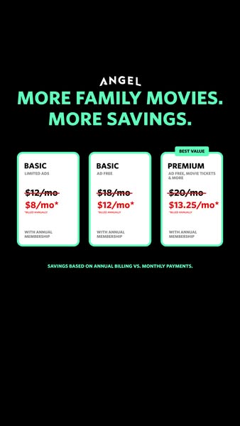 This ad displays a chart comparing the pricing and features of three different Angel Studios subscription plans: Basic (