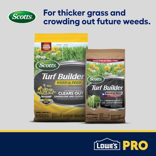 This ad promotes Scotts Turf Builder Weed & Feed. It emphasizes thicker grass and weed control. It is available at L