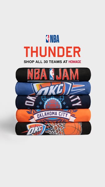 This ad from Homage features a stack of five t-shirts with different designs themed around the NBA team the Oklahoma Cit