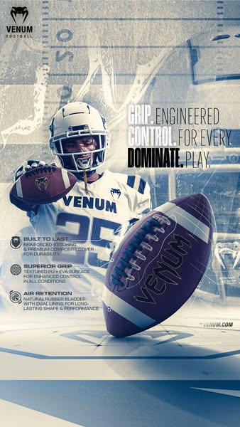 An advertisement for Venum footballs featuring a football player and listing features, such as reinforced stitching and 