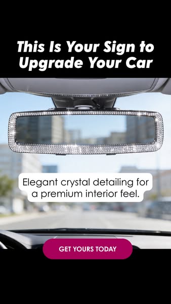 This ad features a jeweled rear view mirror and calls out its elegant crystal detailing as a way to upgrade your car.