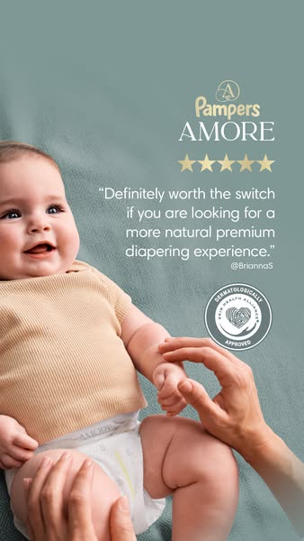 This ad features a baby wearing a Pampers Amore diaper and a customer testimonial. The testimonial highlights that the P