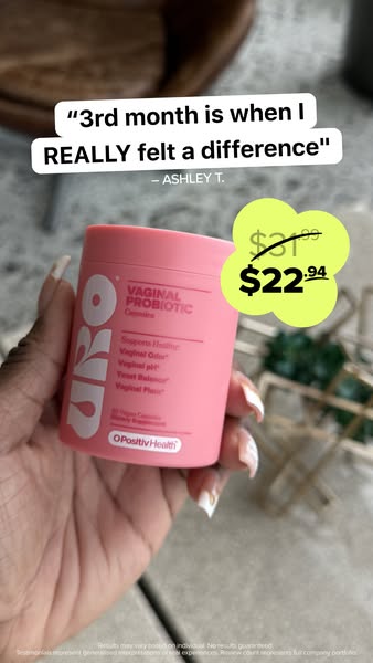 This ad features a first-person testimonial from a customer who has been using the O Positiv vaginal probiotic capsules 