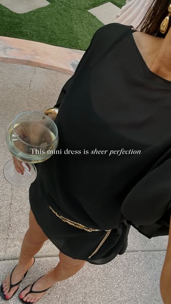 An ad showcasing a black mini dress worn by a customer, highlighting its style and appeal, along with a simple, direct e