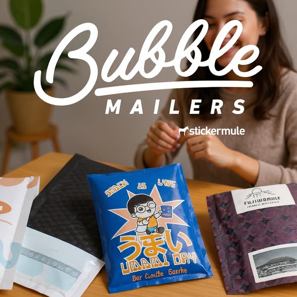 This ad showcases various custom bubble mailers available from Sticker Mule, highlighting their use for packaging produc