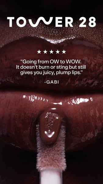 This ad features a close up of lips with a lip gloss product applied. A testimonial is featured above the lips from Gabi