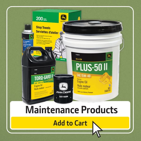 This ad showcases a variety of John Deere maintenance products, including engine oil, all-purpose cleaner, and shop towe