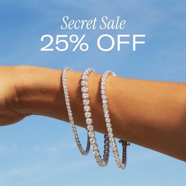 This image ad showcases diamond bracelets on a woman's arm. The ad promotes a secret sale for 25% off.