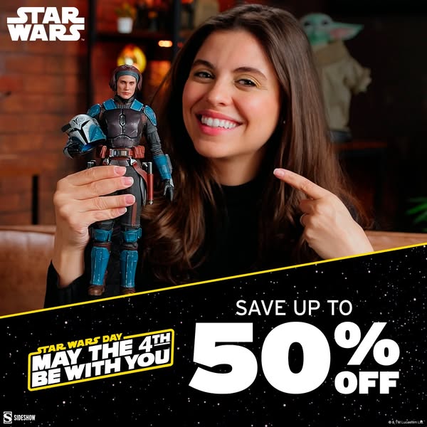 This ad promotes Star Wars merchandise, specifically a Bo-Katan Kryze figurine, with a special offer of up to 50% off fo