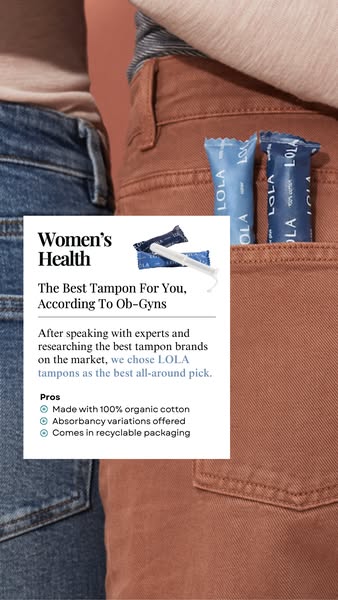 The ad features a recommendation for LOLA brand tampons from Women's Health, citing their choice of the brand based 