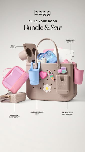 This ad showcases a Bogg Bag with various accessories, emphasizing the ability to customize and bundle items for savings