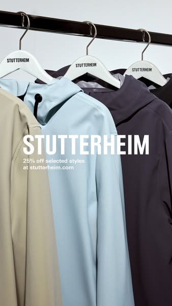 This ad showcases several Stutterheim raincoats on hangers. It advertises a 25% off sale on selected styles at stutterhe