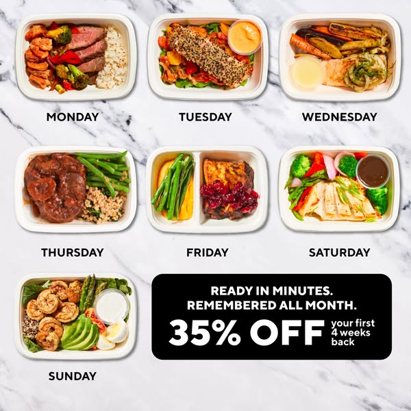 The ad displays images of seven meal prep containers, one for each day of the week. The ad promotes a 35% discount on th