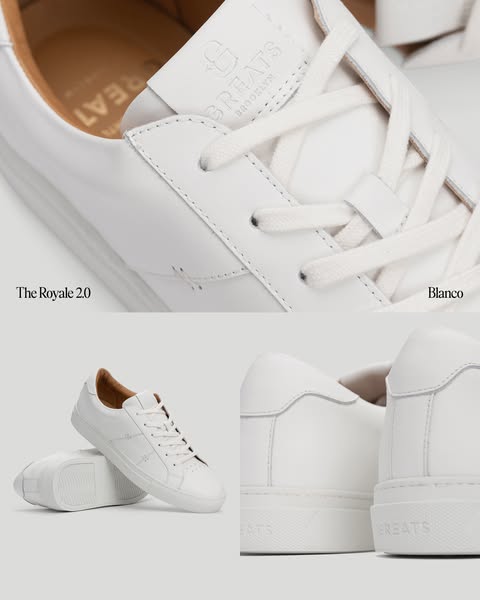 This ad for GREATS shoes showcases the Royale 2.0 Blanco sneakers with high-quality visuals and simple copy. The ad high