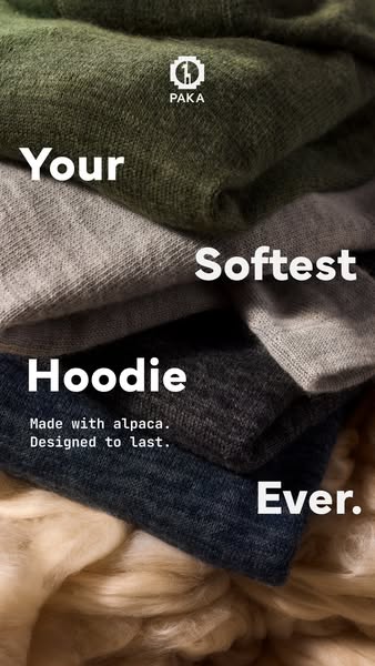 An image ad for Paka Apparel shows a stack of folded alpaca hoodies and text stating they are the 'softest hoodie ev