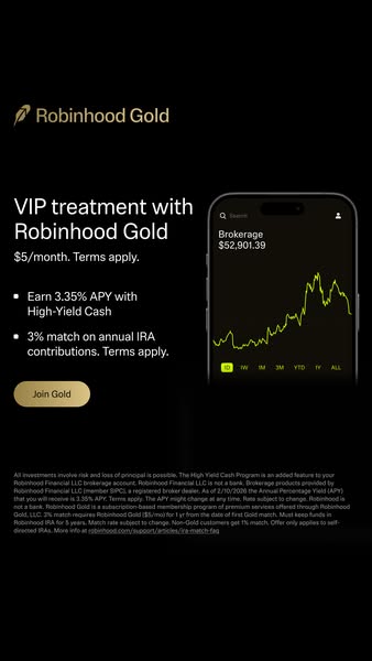 This image ad promotes Robinhood Gold, highlighting VIP treatment and benefits like a high-yield cash account and IRA co