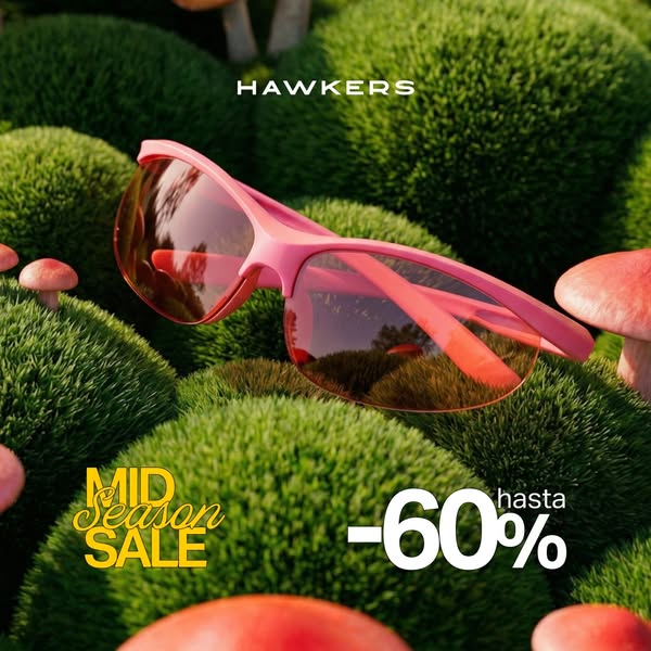 This ad showcases a pair of pink Hawkers sunglasses in a surreal, mossy forest setting, highlighting a mid-season sale w