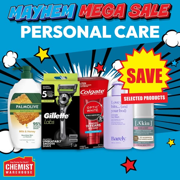 This ad showcases various personal care products available at Chemist Warehouse. It uses a vibrant, comic-book-inspired 