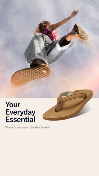 This ad highlights the features and benefits of waterproof leather sandals for women from OluKai. It emphasizes their su