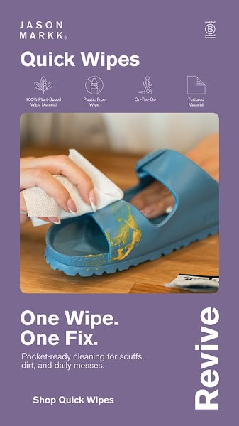 This image ad showcases Jason Markk's Quick Wipes, emphasizing their effectiveness in cleaning scuffs and dirt from 