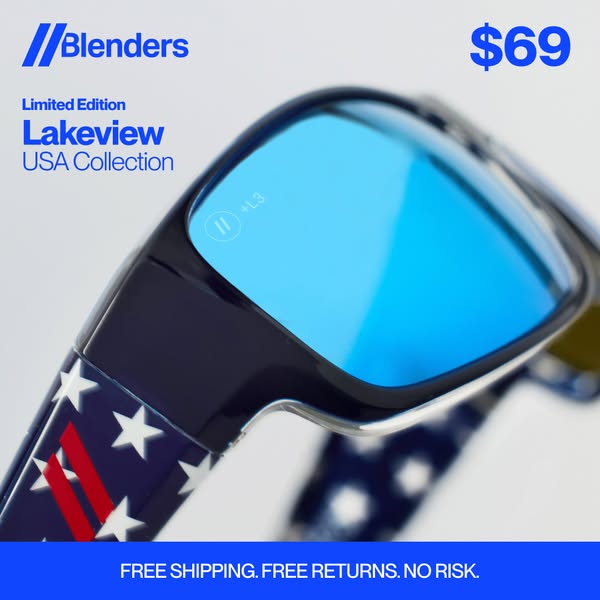 This image ad showcases Blenders eyewear with the 'Lakeview USA Collection' sunglasses priced at $69. It highlig