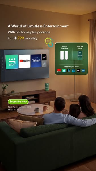 This image ad is for a 5G home plus package that provides the user with limitless entertainment. The ad shows a family w