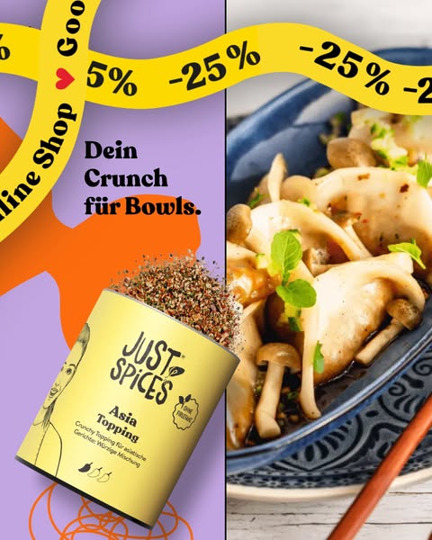 This image ad for Just Spices' Asia Topping uses a split screen to show the product and an appealing prepared dish. 