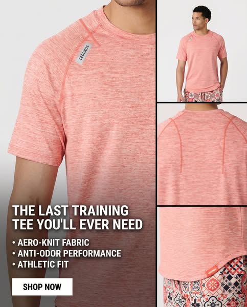This ad showcases a Legends brand training tee, highlighting its aero-knit fabric, anti-odor performance, and athletic f