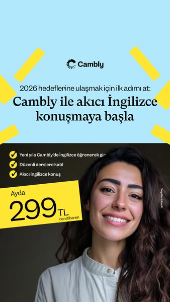 This ad promotes Cambly, an online platform for learning English. It highlights an offer of 299 TL per month and emphasi