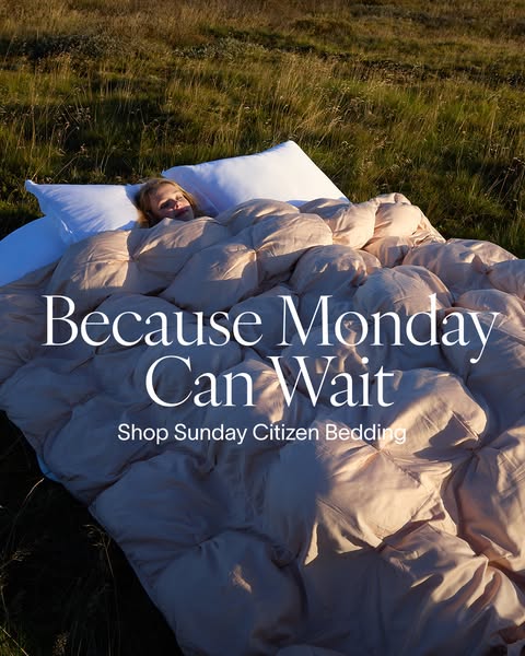 This ad for Sunday Citizen bedding uses a close shot of a person tucked into a comfortable duvet and pillow to communica