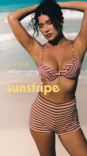 This ad features a woman modeling a striped pink and tan bikini top and striped shorts. The ad promotes the brand Lounge