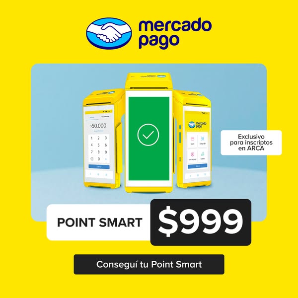 Ad for the Mercado Pago Point Smart, a yellow card payment terminal, highlighting its cost and ARCA exclusivity.