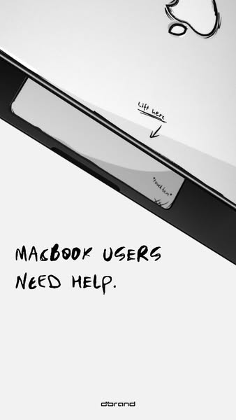 This image ad uses handwritten-style fonts and graphics to present a MacBook with a damaged edge. A removable sticker is