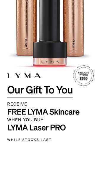 This image ad promotes LYMA skincare. It offers a free LYMA skincare gift with the purchase of a LYMA Laser PRO while su