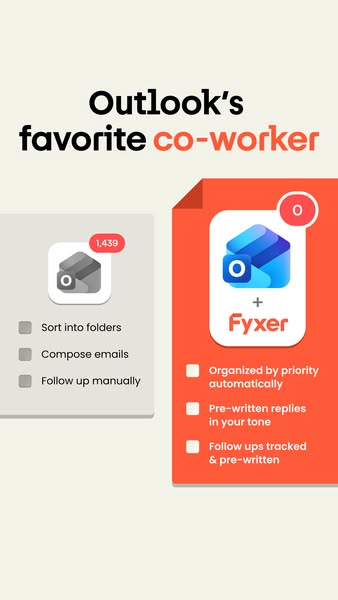 This ad for Fyxer positions the product as Outlook's favorite coworker. The ad calls out features such as organizing