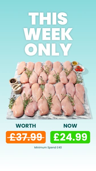 This image ad shows twenty-four chicken breasts on a marble tray with herbs sprinkled on top. The top of the ad features