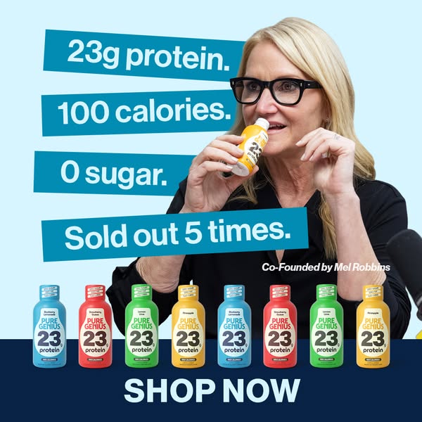 This image ad features a woman, Mel Robbins, drinking a Pure Genius protein drink. The ad highlights the drink's key