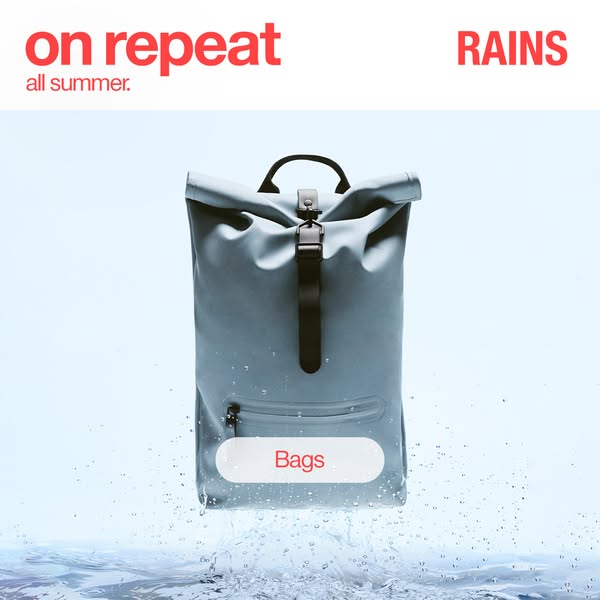 This ad showcases a RAINS backpack in an environment that implies its waterproof feature. The product is shown in an asp