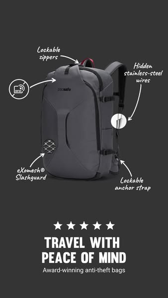 This ad highlights the anti-theft features of a Pacsafe travel bag, emphasizing peace of mind during travel with award-w