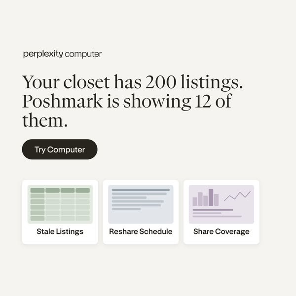 Ad for Perplexity's AI search tool that helps Poshmark sellers optimize their listings by identifying stale listings