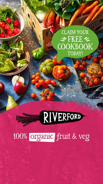 This image ad is for Riverford, an organic fruit and vegetable company. The ad shows an assortment of fresh produce and 