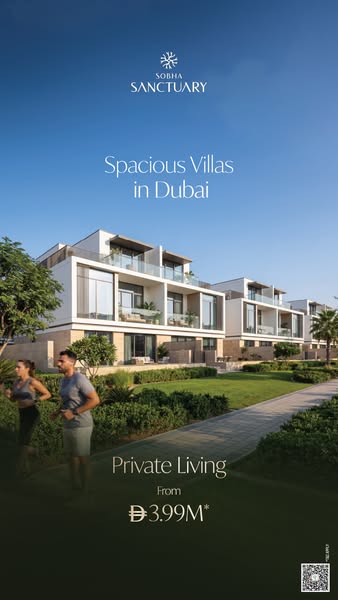 This ad showcases Sobha Sanctuary's spacious villas in Dubai, emphasizing private living. It features a couple joggi