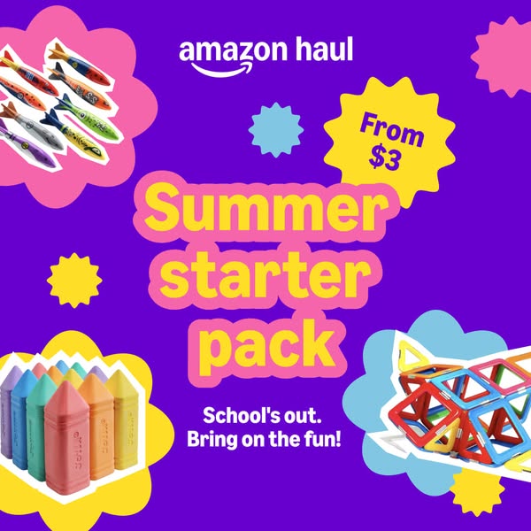 The ad promotes Amazon's Summer Starter Pack with items starting from $3. The ad features a purple background with d