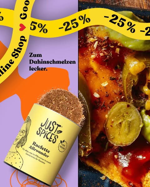 This image ad for Just Spices promotes a discount on the Raclette Allrounder spice blend. The ad features a split layout