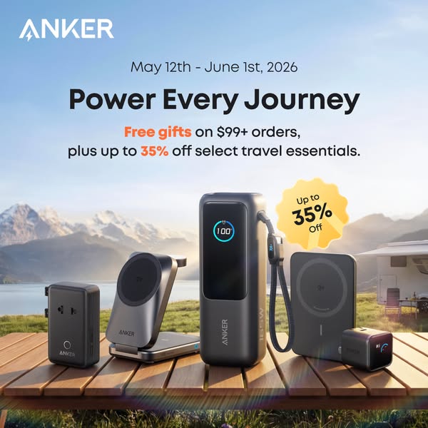This image ad for Anker promotes a range of travel-friendly charging products. It highlights the brand's commitment 