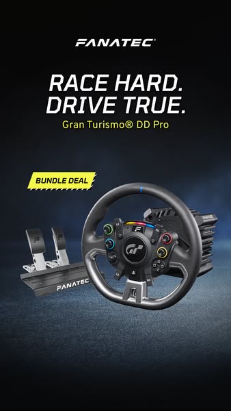 This ad promotes the Fanatec Gran Turismo DD Pro bundle deal, which includes a racing wheel and pedals, and emphasizes a