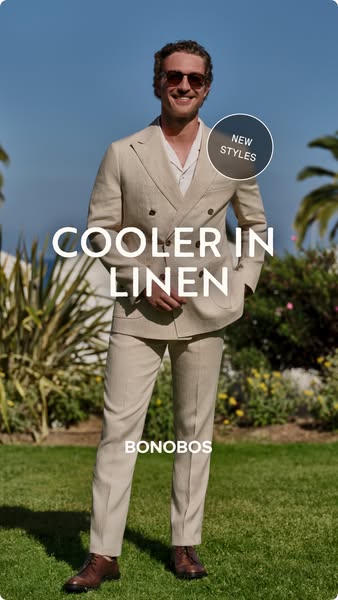 This Bonobos ad features a man wearing a linen suit in a bright, outdoor setting to promote their new styles.