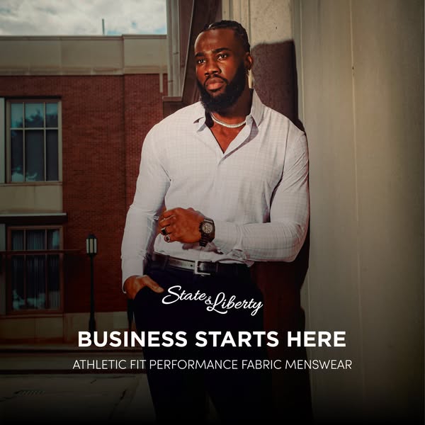 This ad features a man wearing State & Liberty athletic fit performance fabric menswear. The ad highlights the brand