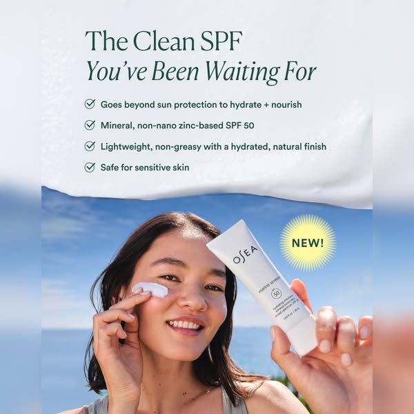 This ad promotes OSEA's Marine Screen SPF 50. The image features an smiling woman with sunscreen on her cheek and ho