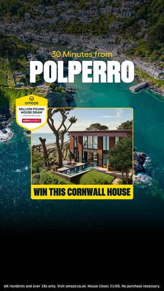 An image promoting the chance to win a house in Cornwall through a sweepstakes. The image combines an aerial landscape s